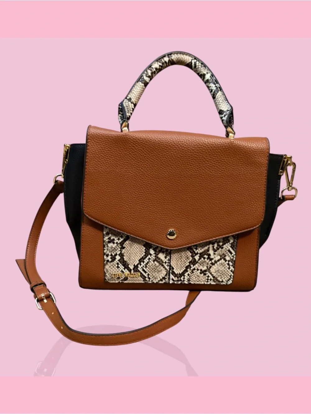 Steve Madden Brown Faux-Snakeskin Accent Satchel